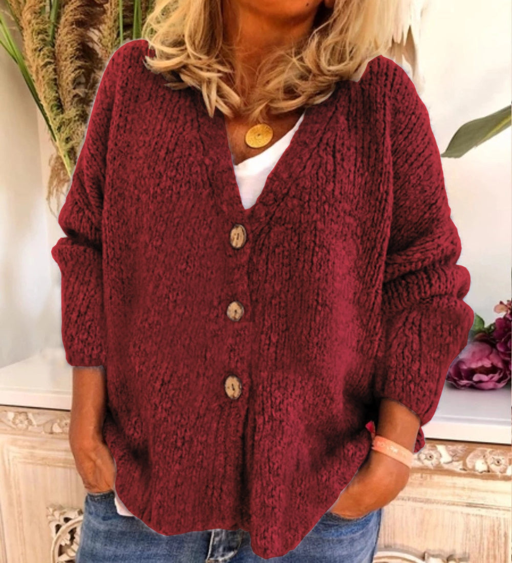 Dam Cardigan - Stickad med Knappar - V-ringad - Oversized och Bekväm