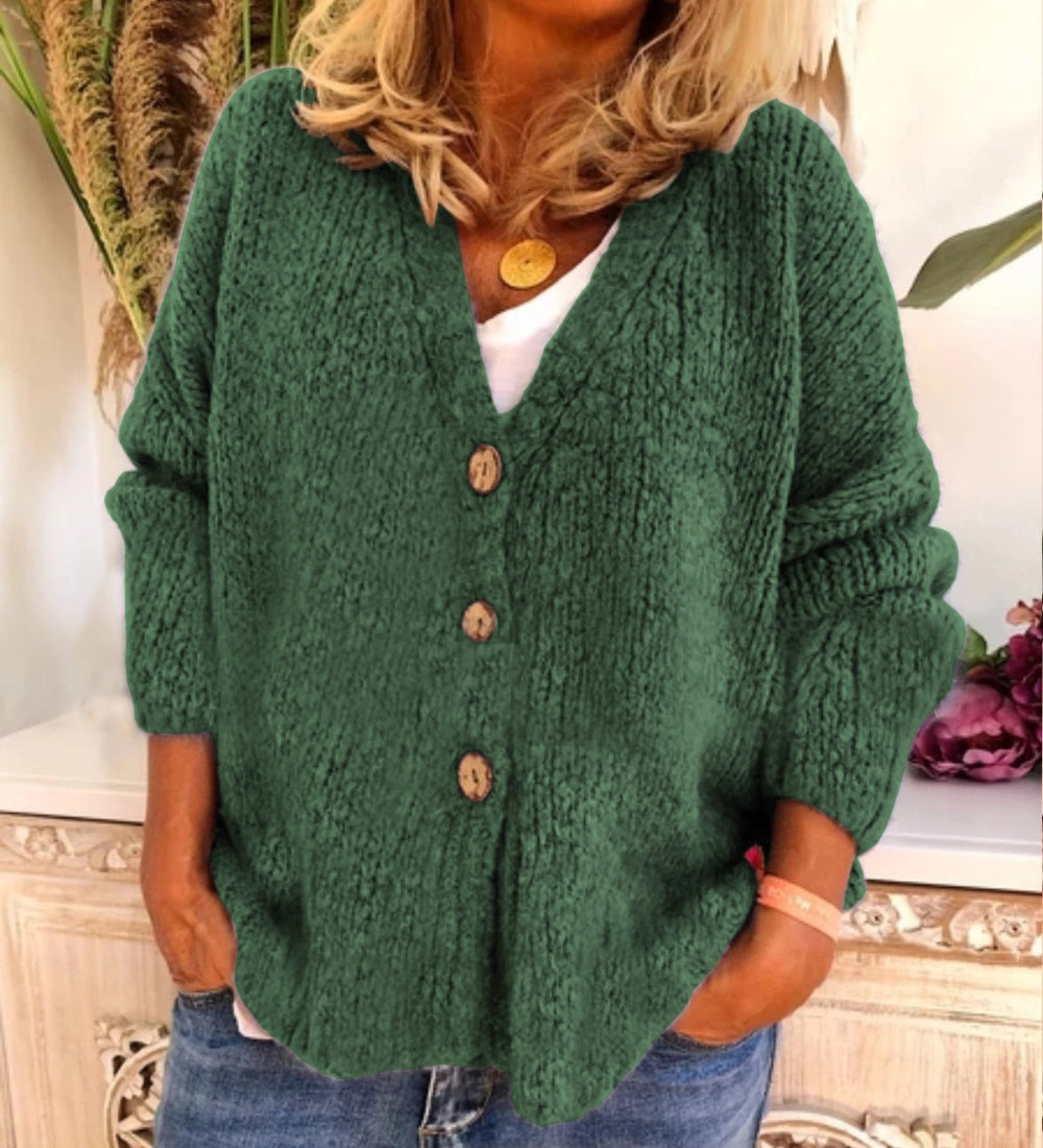 Dam Cardigan - Stickad med Knappar - V-ringad - Oversized och Bekväm