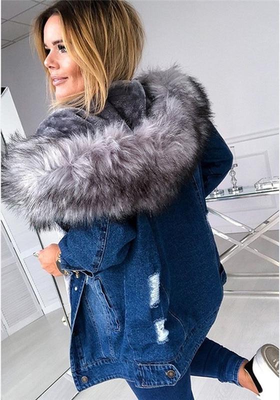 Dam Parkasjacka i Denim – Lång Passform – Fuskpäls Huva – Varm och Trendig