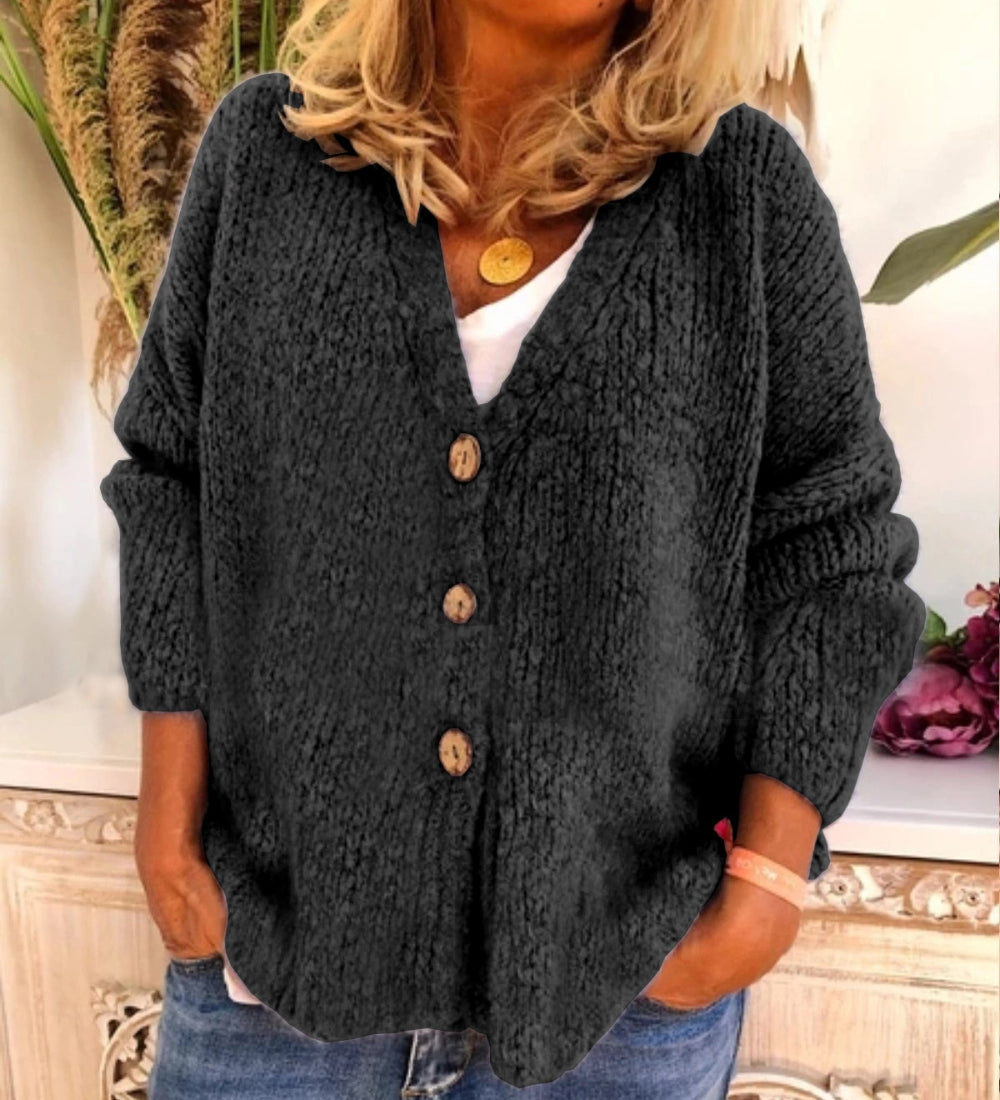 Dam Cardigan - Stickad med Knappar - V-ringad - Oversized och Bekväm