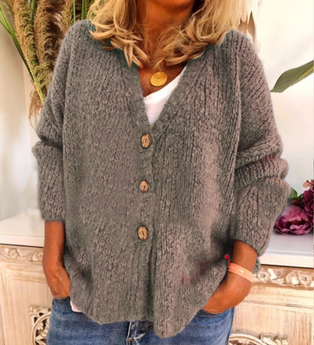 Dam Cardigan - Stickad med Knappar - V-ringad - Oversized och Bekväm