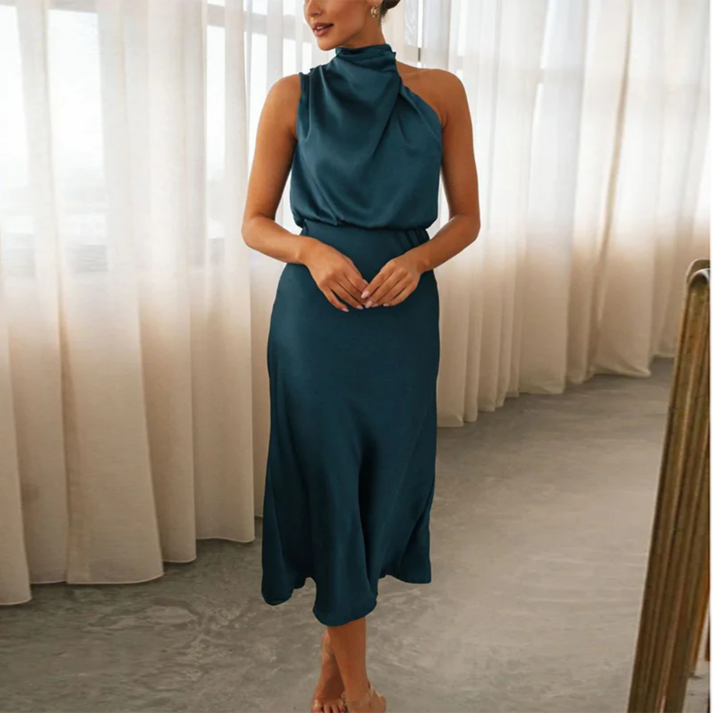 Kvinners aftenkjole - Satin - Asymmetrisk drapert hals - Fotsid - Elegant formell antrekk