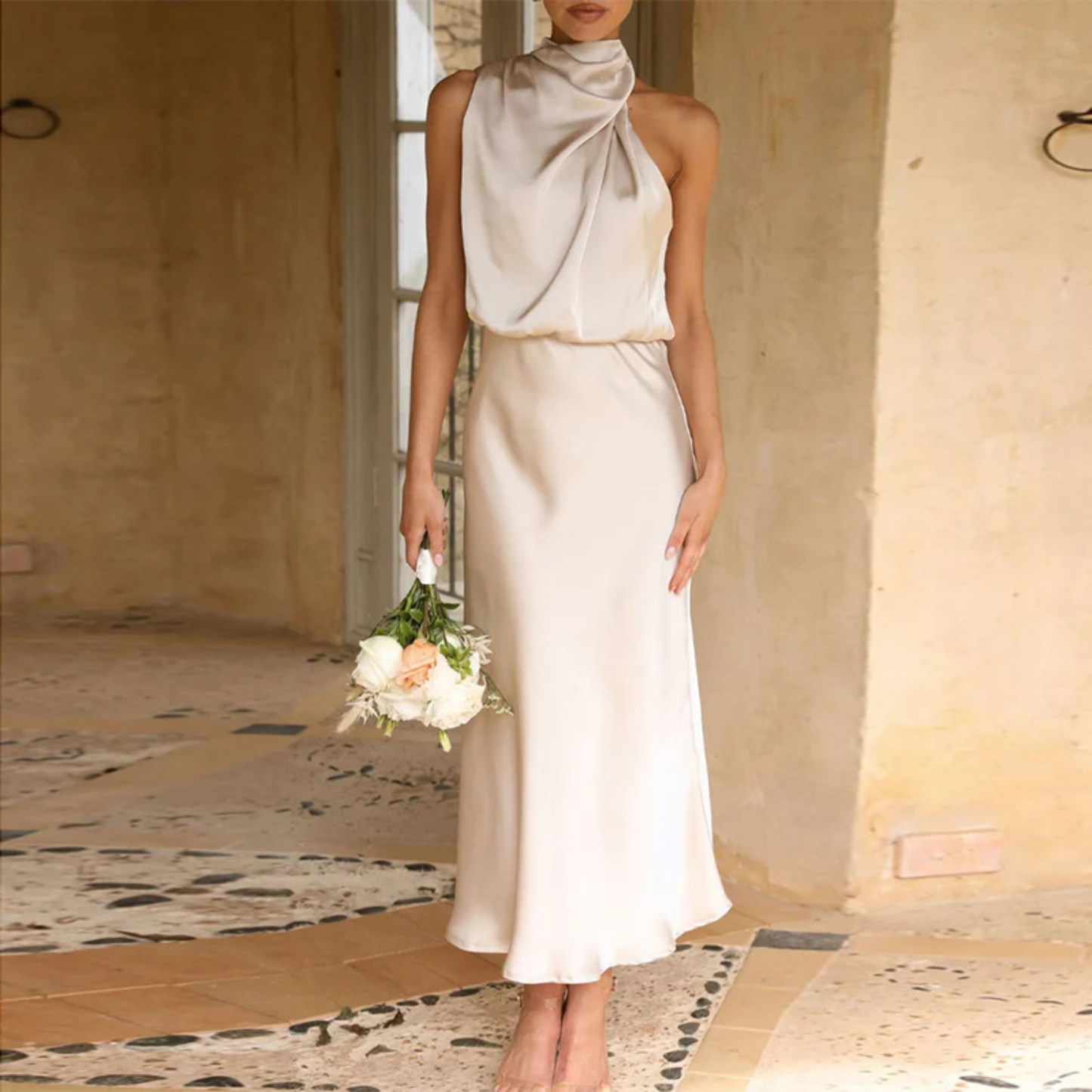 Kvinners aftenkjole - Satin - Asymmetrisk drapert hals - Fotsid - Elegant formell antrekk
