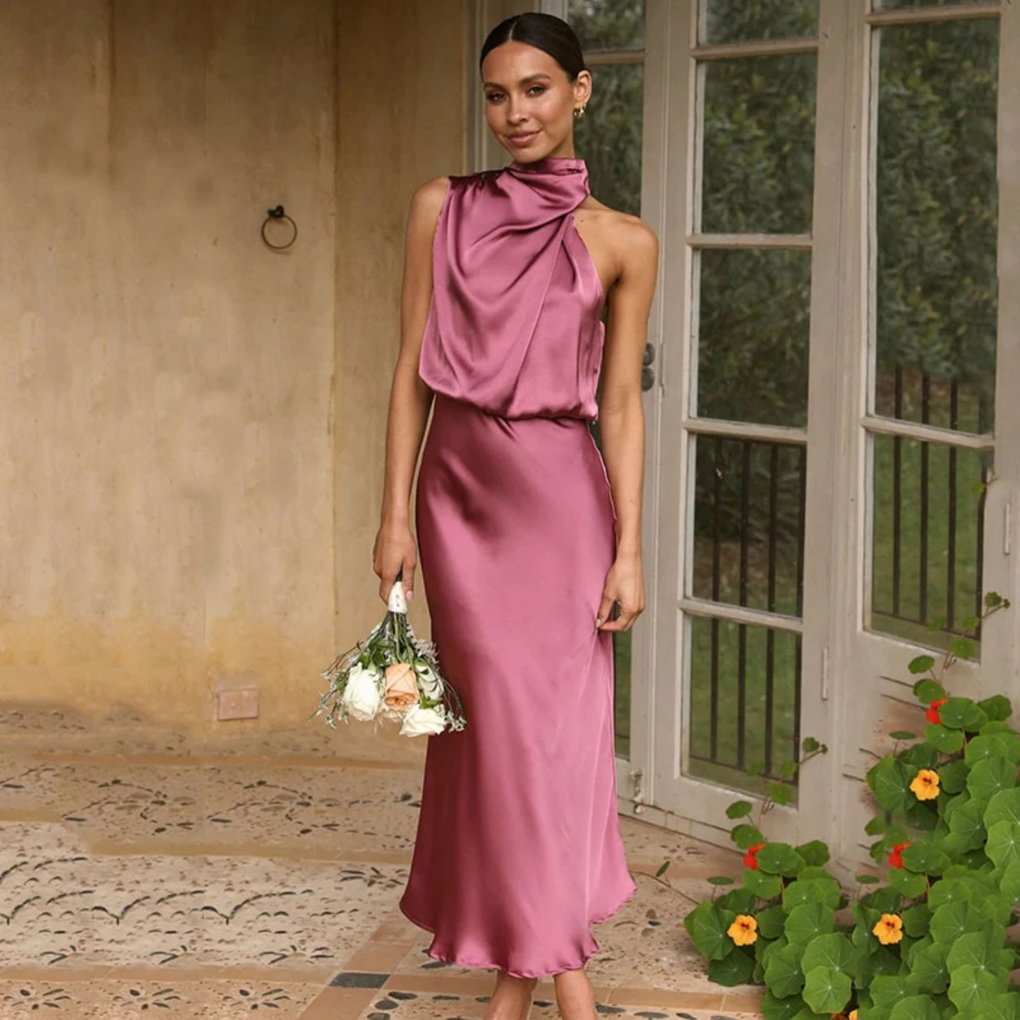 Kvinners aftenkjole - Satin - Asymmetrisk drapert hals - Fotsid - Elegant formell antrekk
