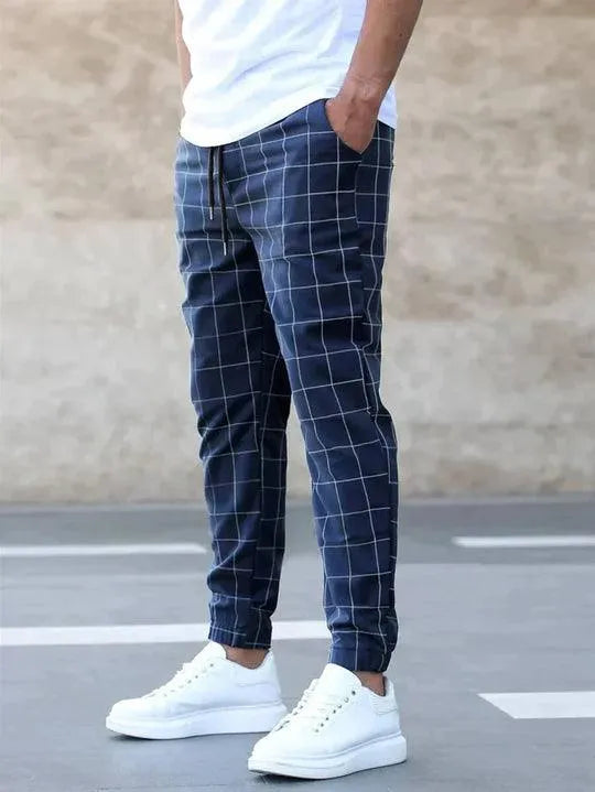 Herrbyxor - Rutiga Joggers - Slim Fit - Elastisk Linning med Dragsko - Bekväm