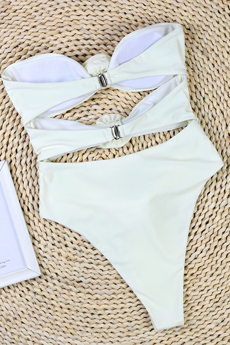 Dam baddräkt – Bandeau – Hög skärning – Blomdetaljer – Sidoutskärning