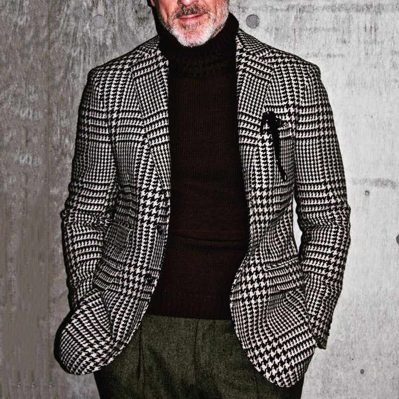 Herreblazer – Ullblanding – Smal Passform – Houndstooth – Enkelspent Formell Stil