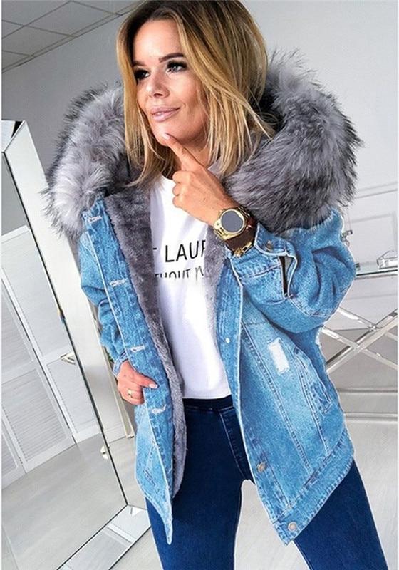 Dam Parkasjacka i Denim – Lång Passform – Fuskpäls Huva – Varm och Trendig
