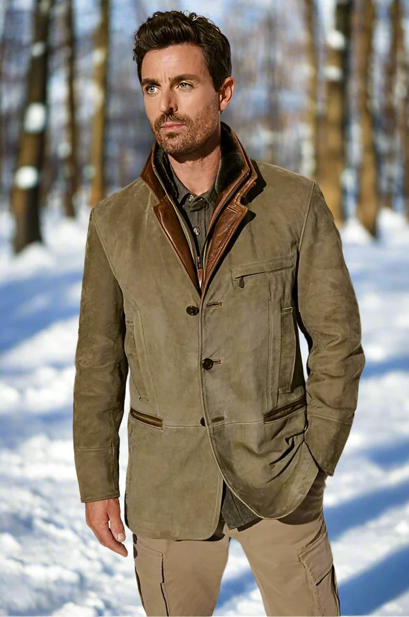 Herr Mockaskinnjacka – Tailored Fit – Notch Slag – Knappstängning – Klassisk Design