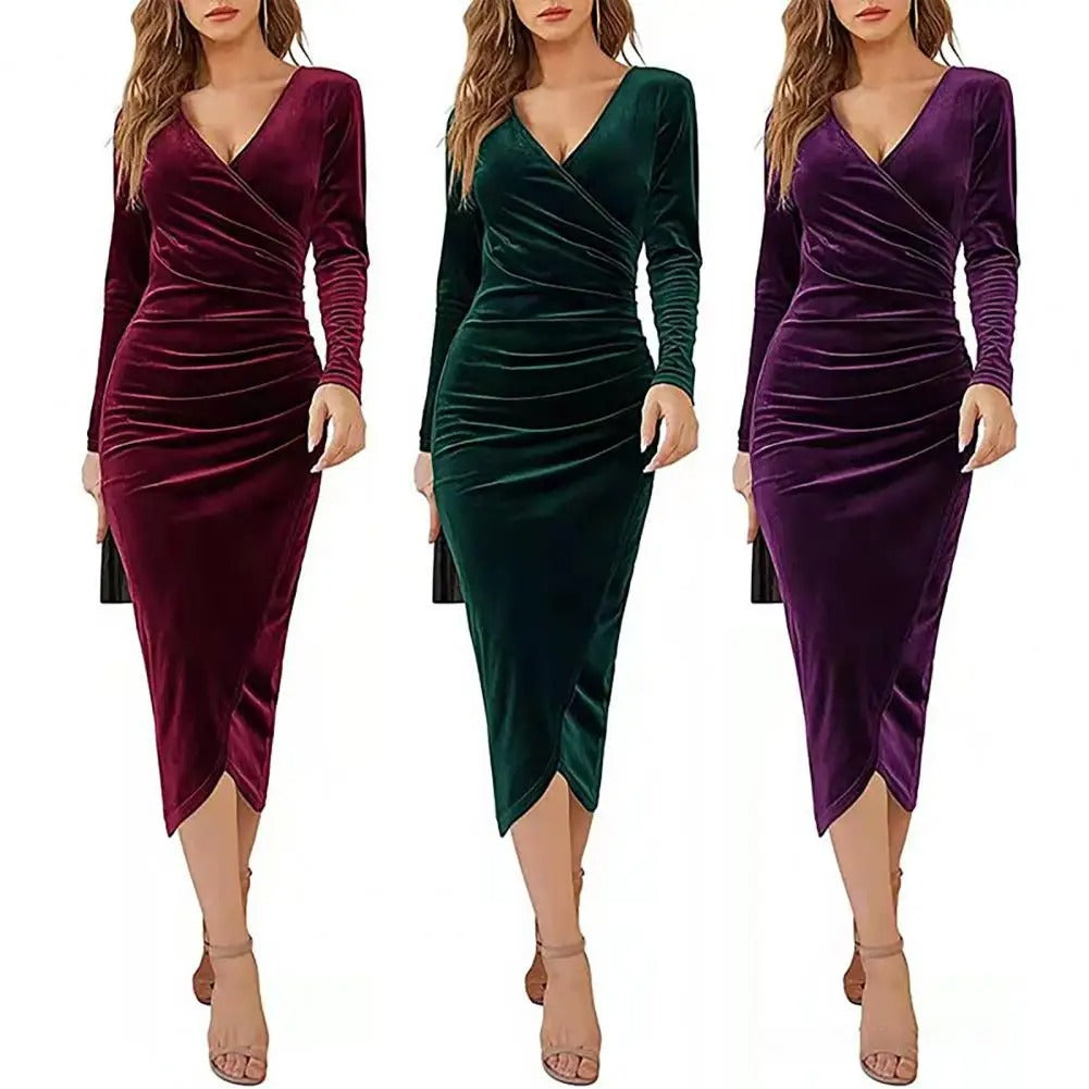 Klänning för dam - Elegant Velour - Midi Längd - V-Hals - Långärmad Omslagsdesign