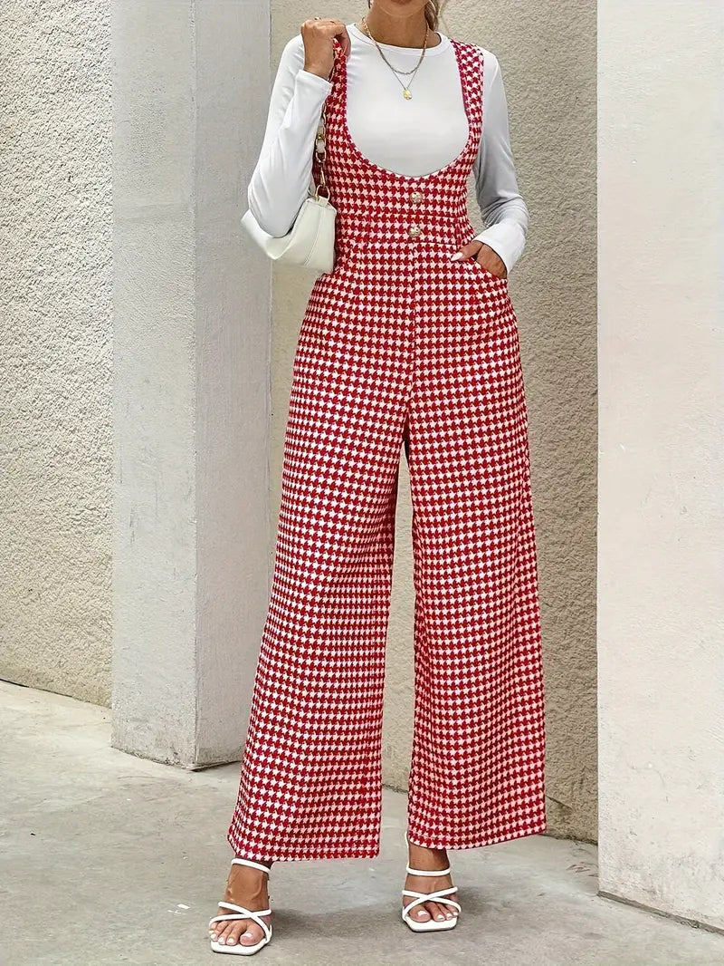 Dams Jumpsuit - Houndstooth Mönstrad - Vid Ben - Ärmlös med Knappar - Elegant Passform