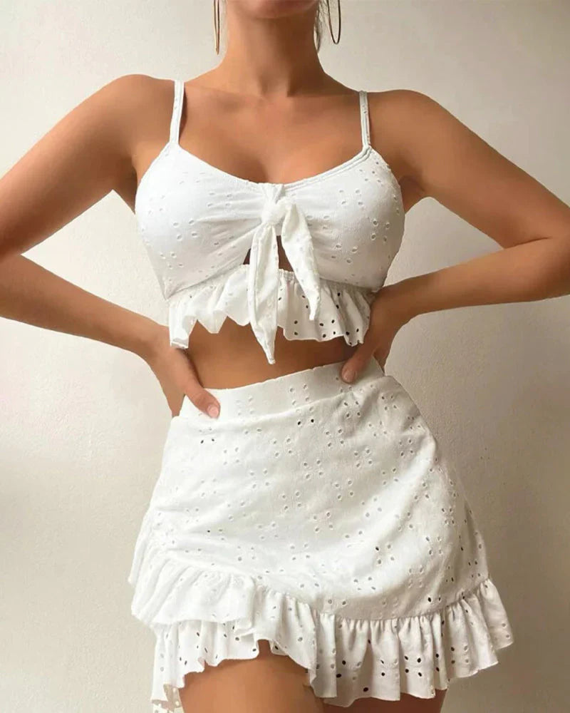 Dam Bikini Set – Andningsbart Tyg – Ögonmönster – Avslappnad Passform – Minikjol