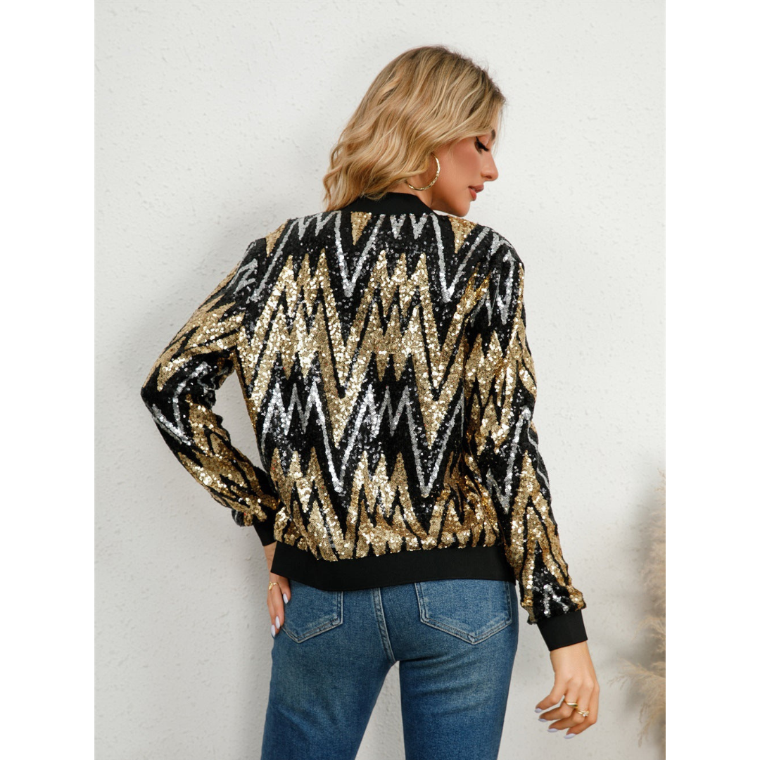 Dam Bomberjacka – Paljettmönster – Zigzag Design – Dragkedja – Ribbstickad Kant