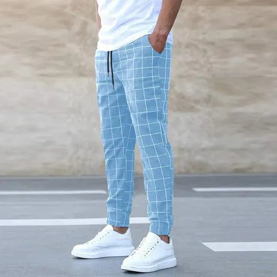 Herrbyxor - Rutiga Joggers - Slim Fit - Elastisk Linning med Dragsko - Bekväm