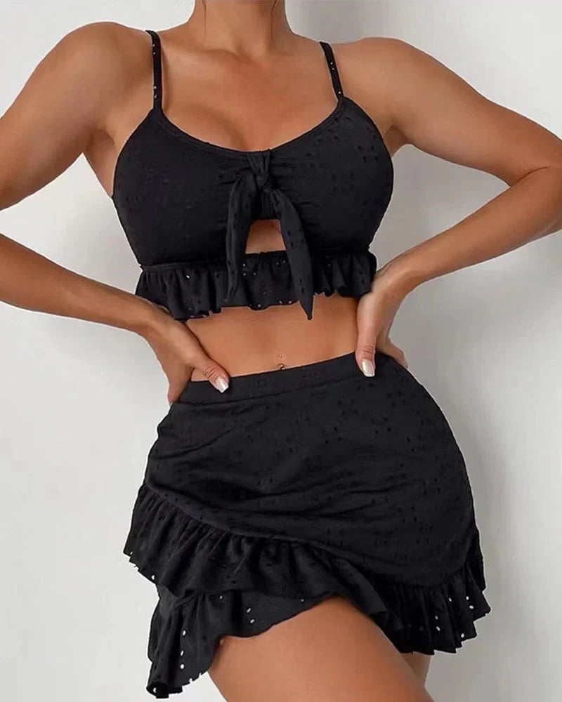 Dam Bikini Set – Andningsbart Tyg – Ögonmönster – Avslappnad Passform – Minikjol