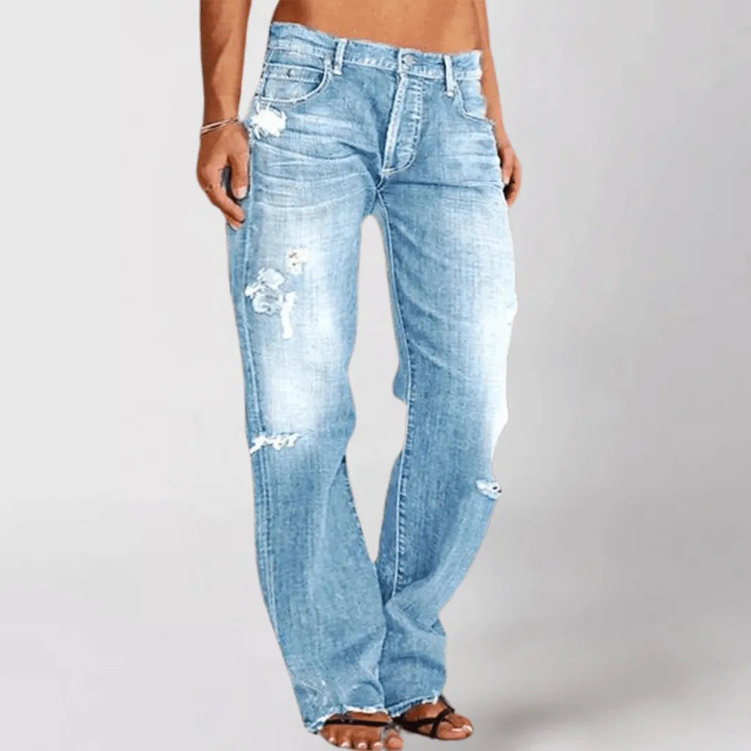 Dam Jeans – Baggy Passform – Slitna Detaljer – Bekvämt Denim för Vardagsbruk