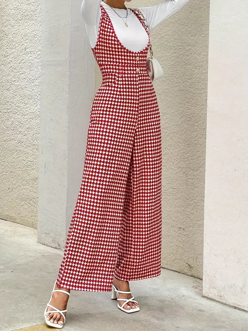 Dams Jumpsuit - Houndstooth Mönstrad - Vid Ben - Ärmlös med Knappar - Elegant Passform