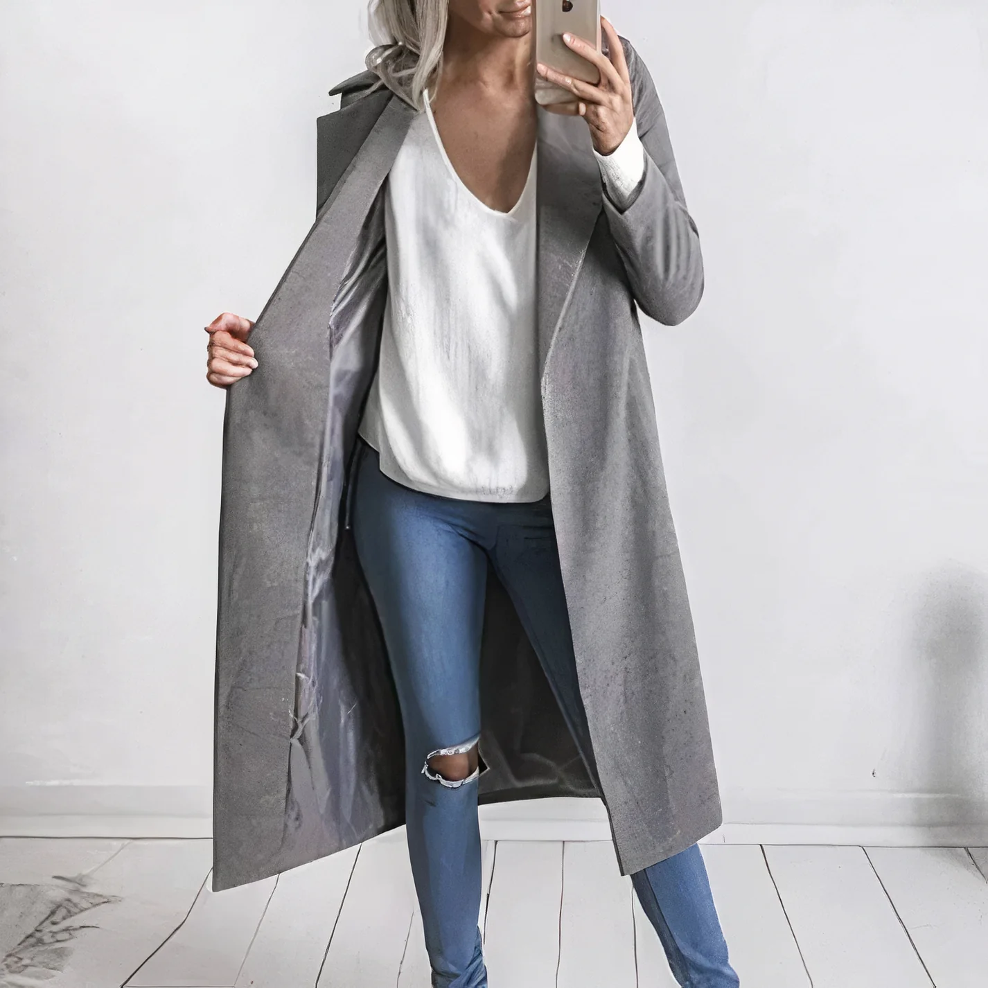 Damtrenchcoat – skräddarsydd passform – lyxigt tyg – full längd – formell stil