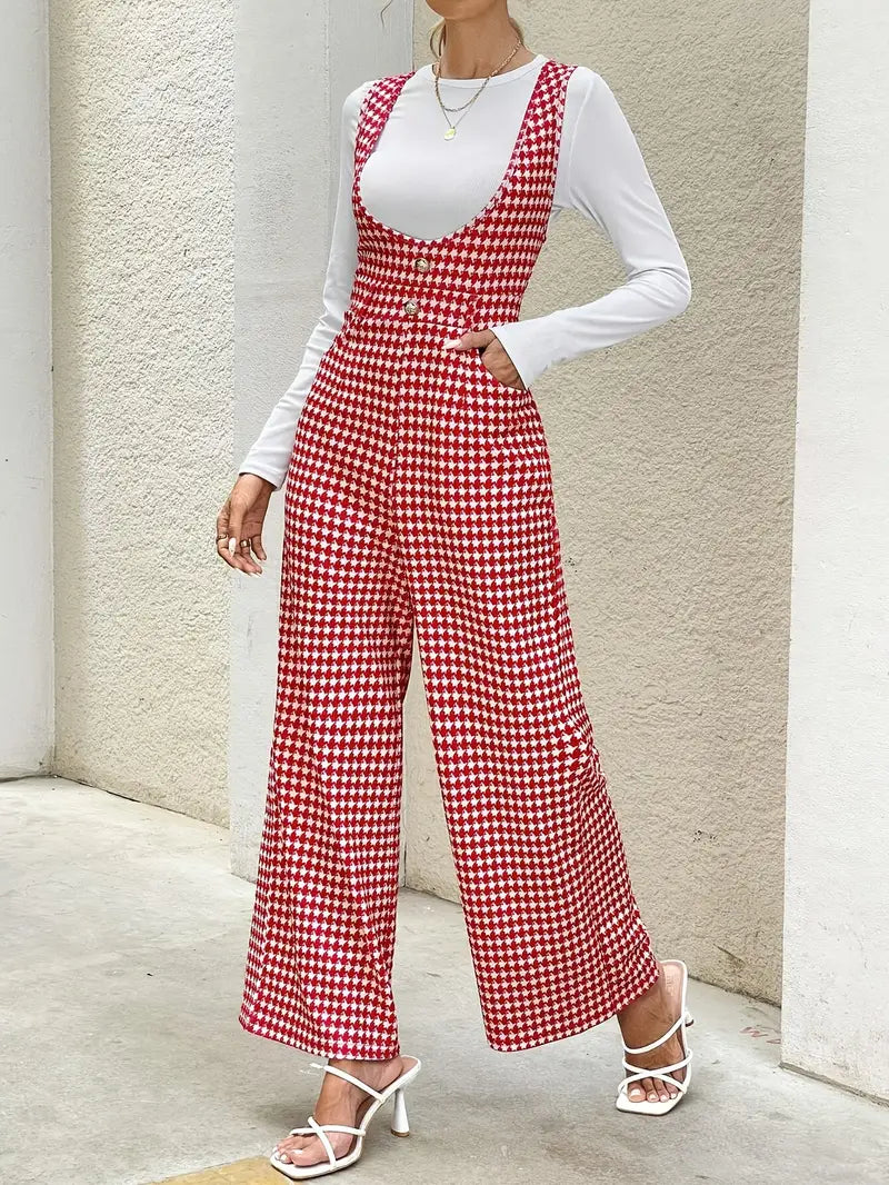 Dams Jumpsuit - Houndstooth Mönstrad - Vid Ben - Ärmlös med Knappar - Elegant Passform