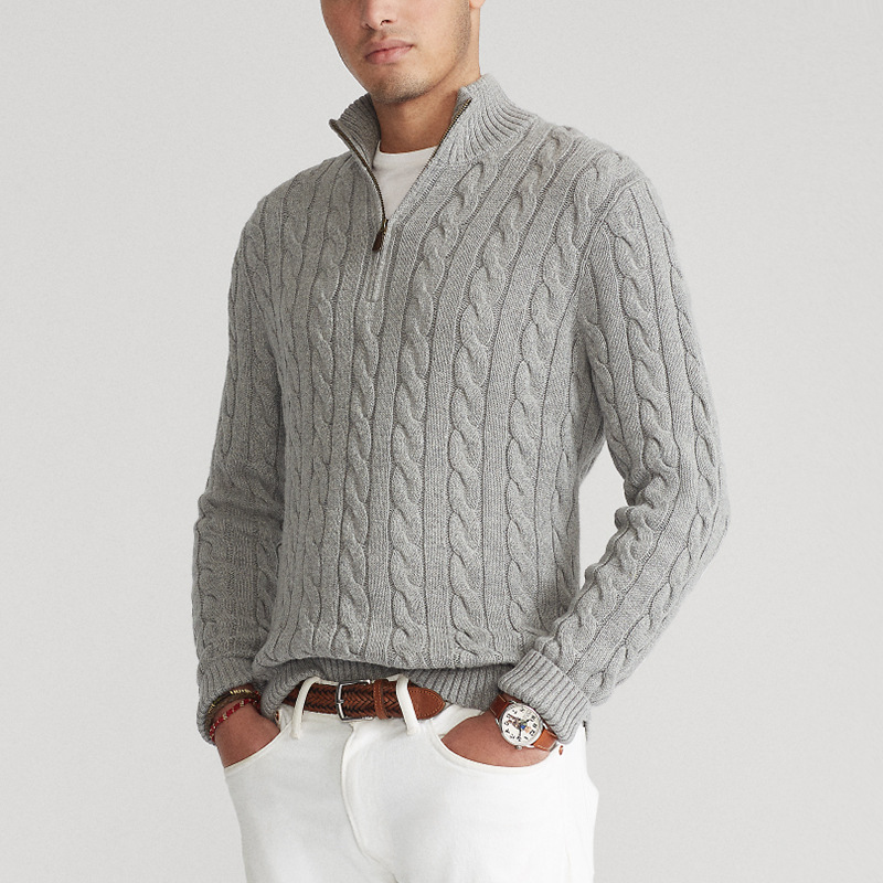 Herrtröja med half zip – bomullsblandning – kabelstickad – regular fit – ribbstickad kant