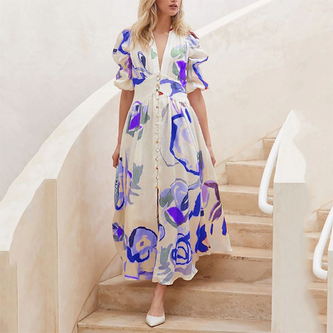 Kjole til dame - Midi A-linje - Puffermet & V-hals - Knapper & Blomstermønster