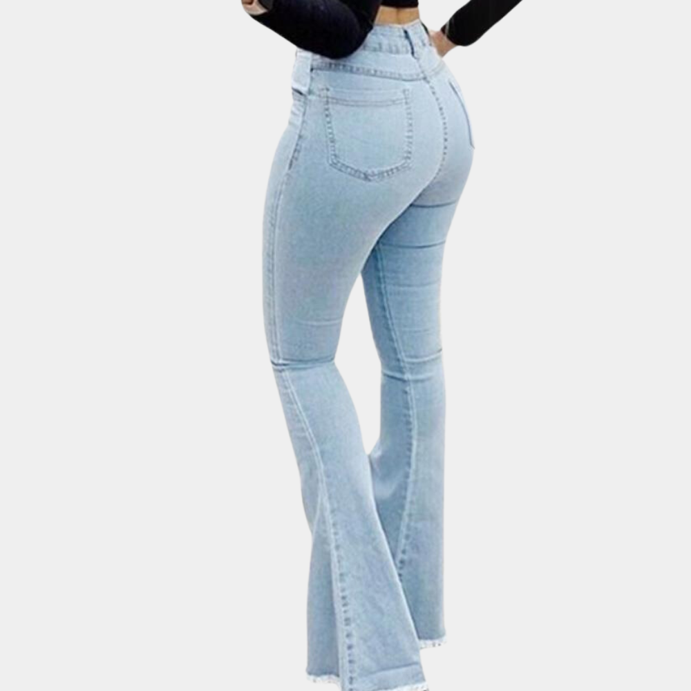 Dam Bootcut Jeans – Slim Fit – Utsvängda Byxor med Ripped Detaljer – Casual Denim