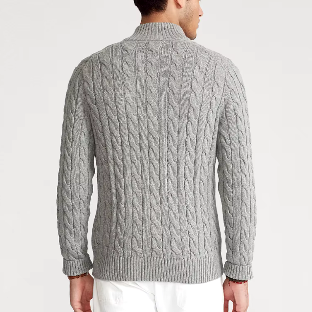 Herrtröja med half zip – bomullsblandning – kabelstickad – regular fit – ribbstickad kant