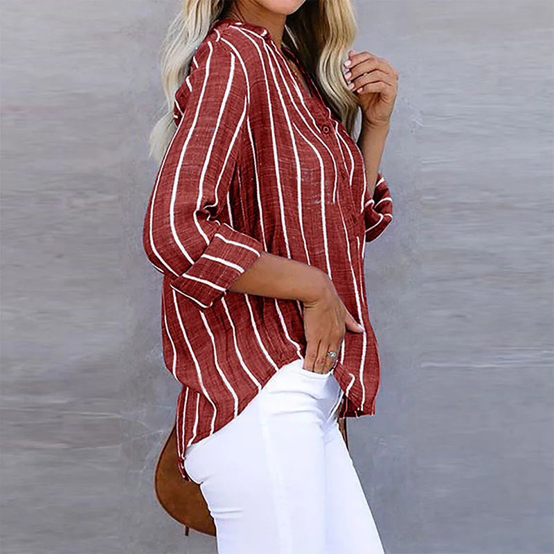 Dame Bluse - Langermet Stripet - Avslappet Passform - Pustende Bomull/Lin