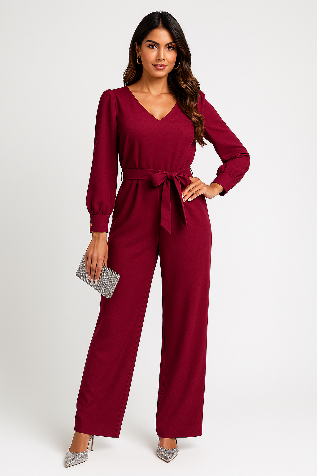 Dam jumpsuit – V-ringning – Vida ben – Långärmad – Avslappnad passform – Knytband