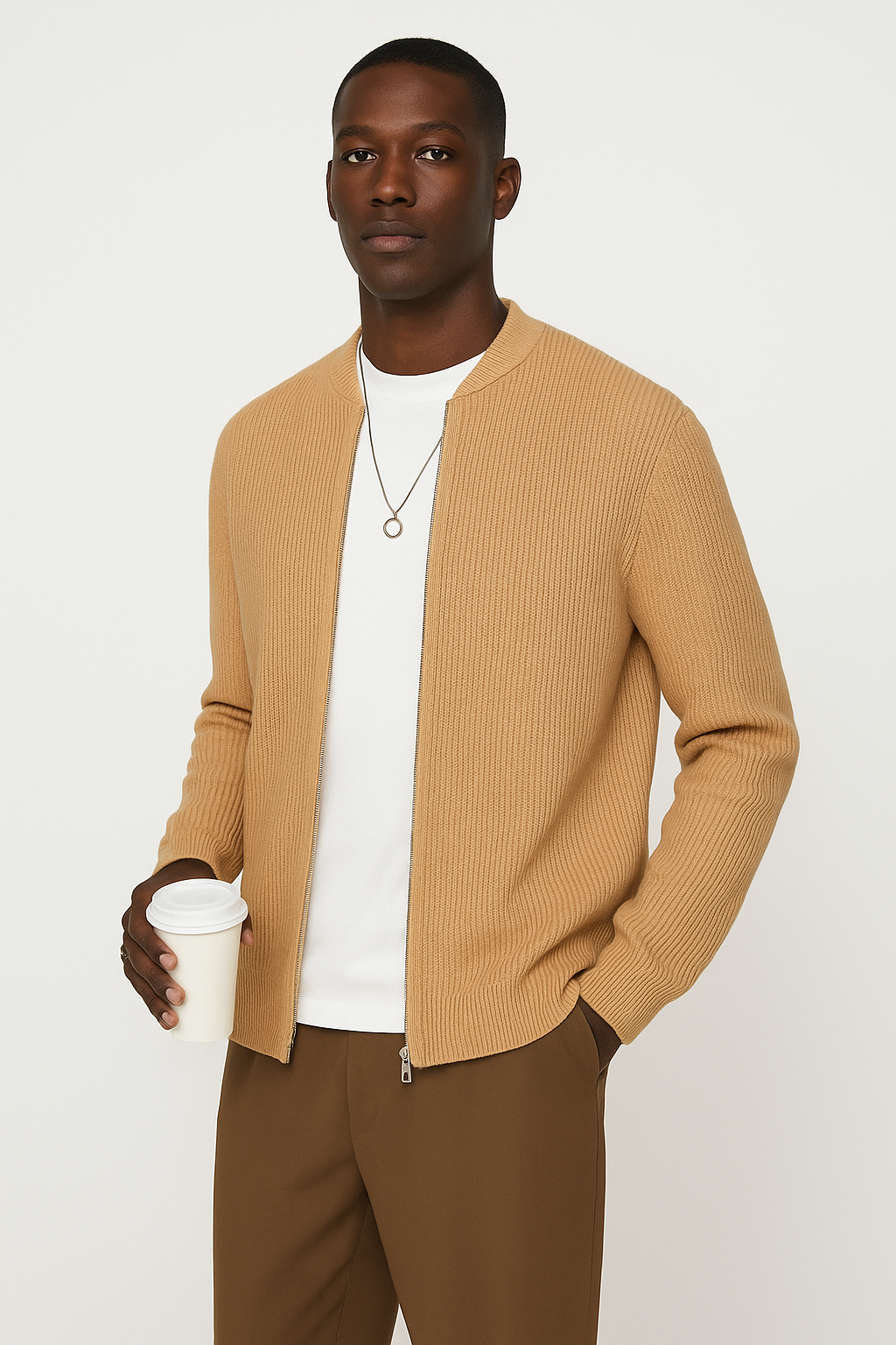 Herr Cardigan – Ribbstickad – Dubbel Dragkedja – Avslappnad Passform – Lång Ärmar