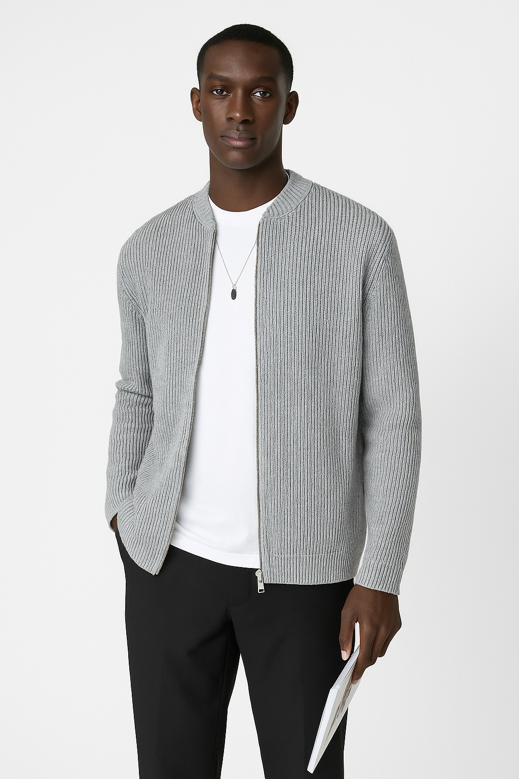 Herr Cardigan – Ribbstickad – Dubbel Dragkedja – Avslappnad Passform – Lång Ärmar