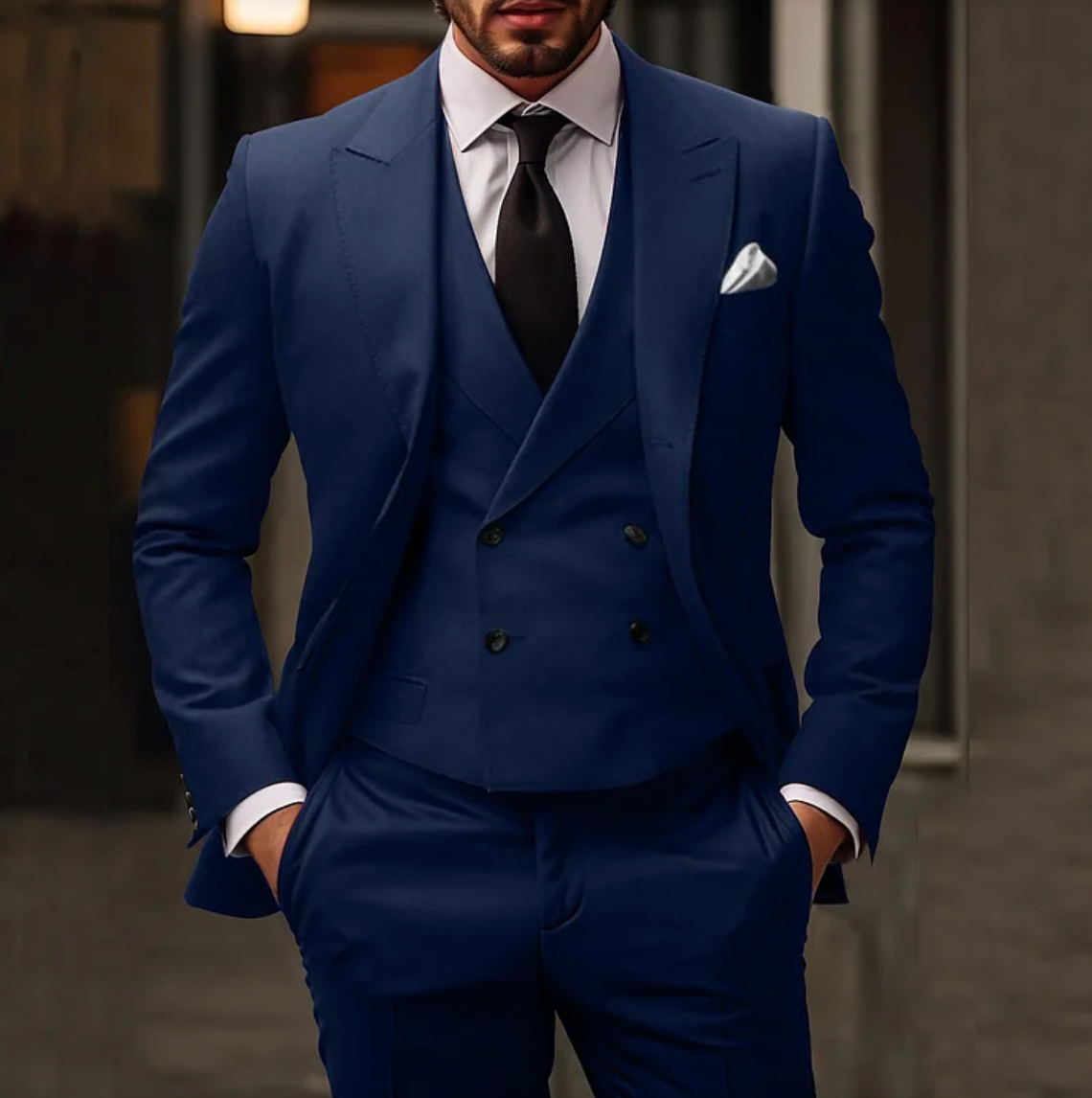 Herre Dress – 3-delt Sett – Enkelspent Blazer, Dobbeltspent Vest, Skreddersydde Bukser