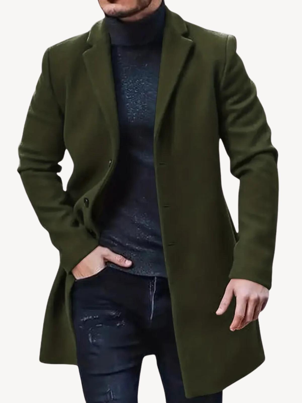Herre trenchcoat – skreddersydd passform – ullfølelse – midtlengde – notch-slag – 3-knapps lukking