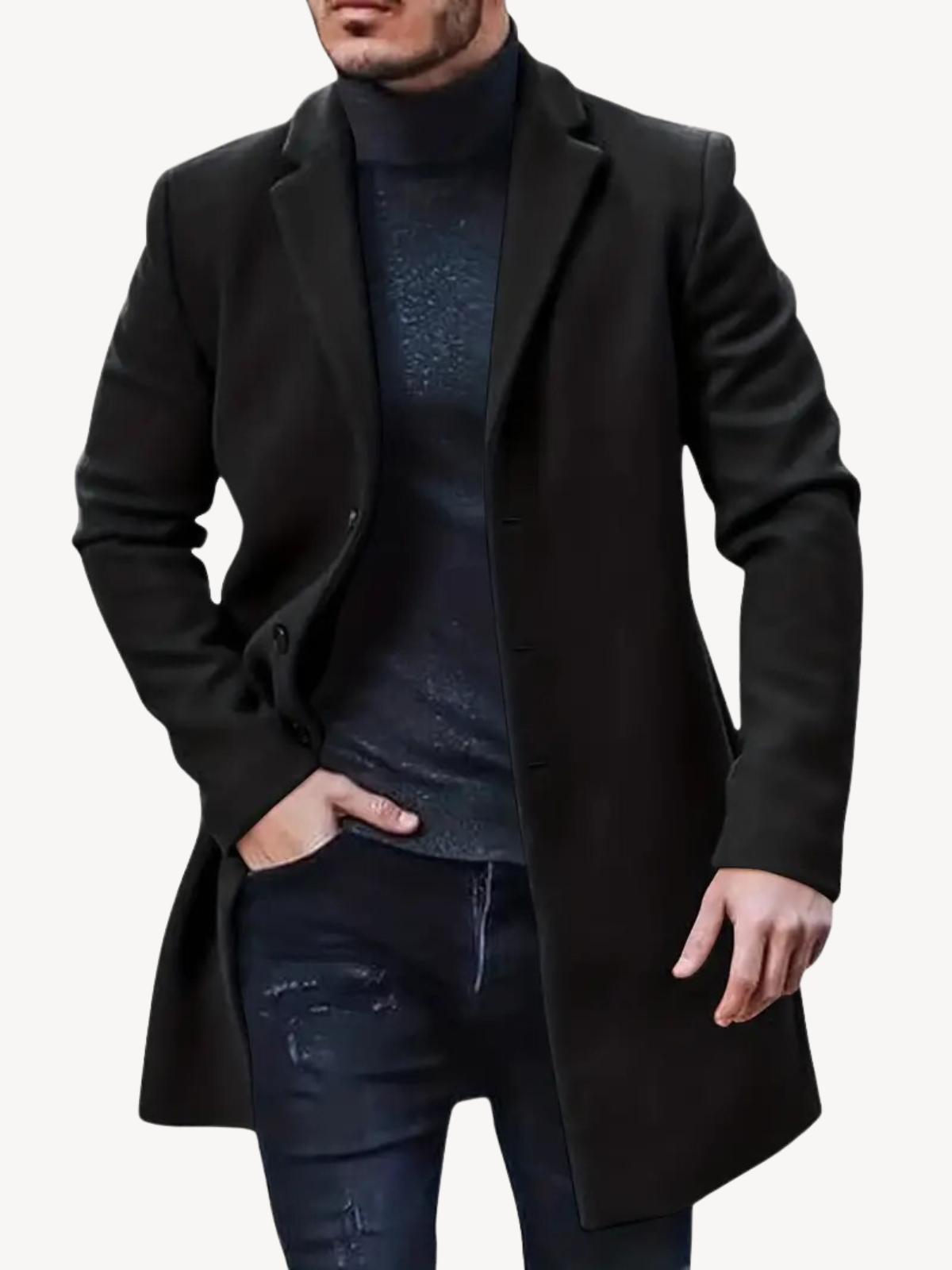 Herre trenchcoat – skreddersydd passform – ullfølelse – midtlengde – notch-slag – 3-knapps lukking