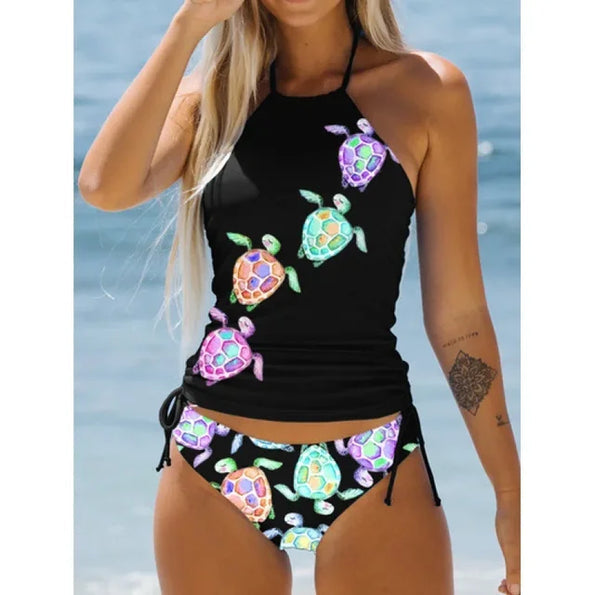 Baddräkt dam – Halterneck – Tropiskt print – Justerbar rynkad bikinitrosa