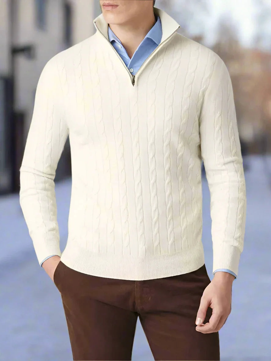 Herrtröja – Kabelstickad – Half-Zip Krage – Mjuk och Varm – Regular Fit