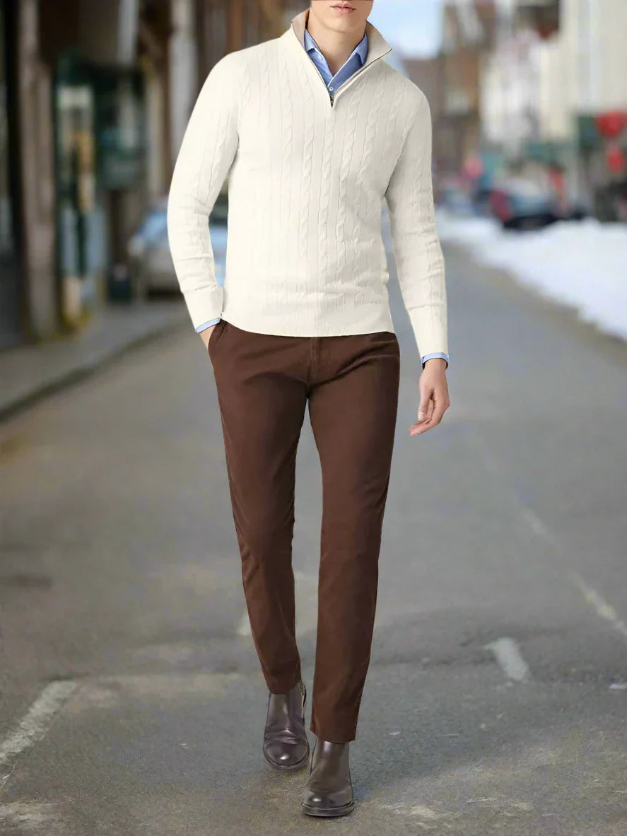 Herrtröja – Kabelstickad – Half-Zip Krage – Mjuk och Varm – Regular Fit