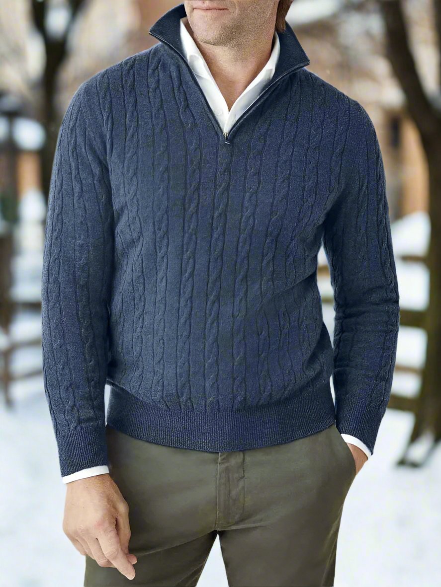 Herrtröja – Kabelstickad – Half-Zip Krage – Mjuk och Varm – Regular Fit