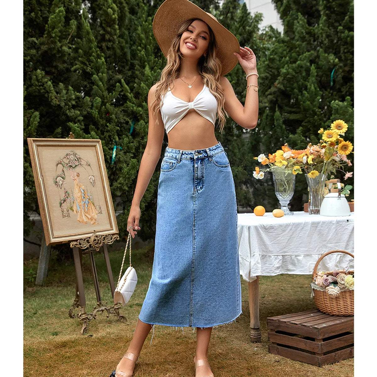Dam Denim Maxi-kjol – Hög Midja – Rak Passform – Stilren och Mångsidig