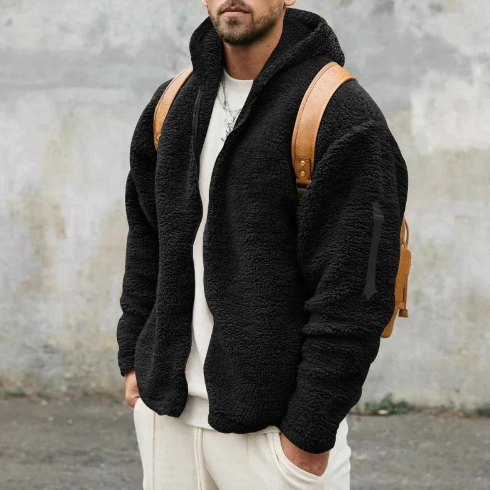 Herr Huvtröja med Dragkedja – Sherpa Fleece – Avslappnad Passform – Ärmlomme
