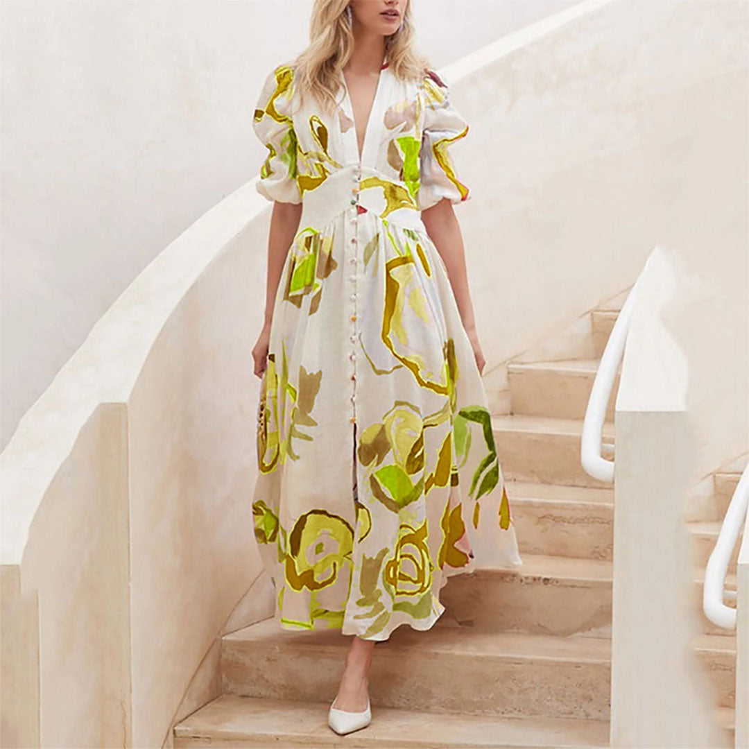 Kjole til dame - Midi A-linje - Puffermet & V-hals - Knapper & Blomstermønster