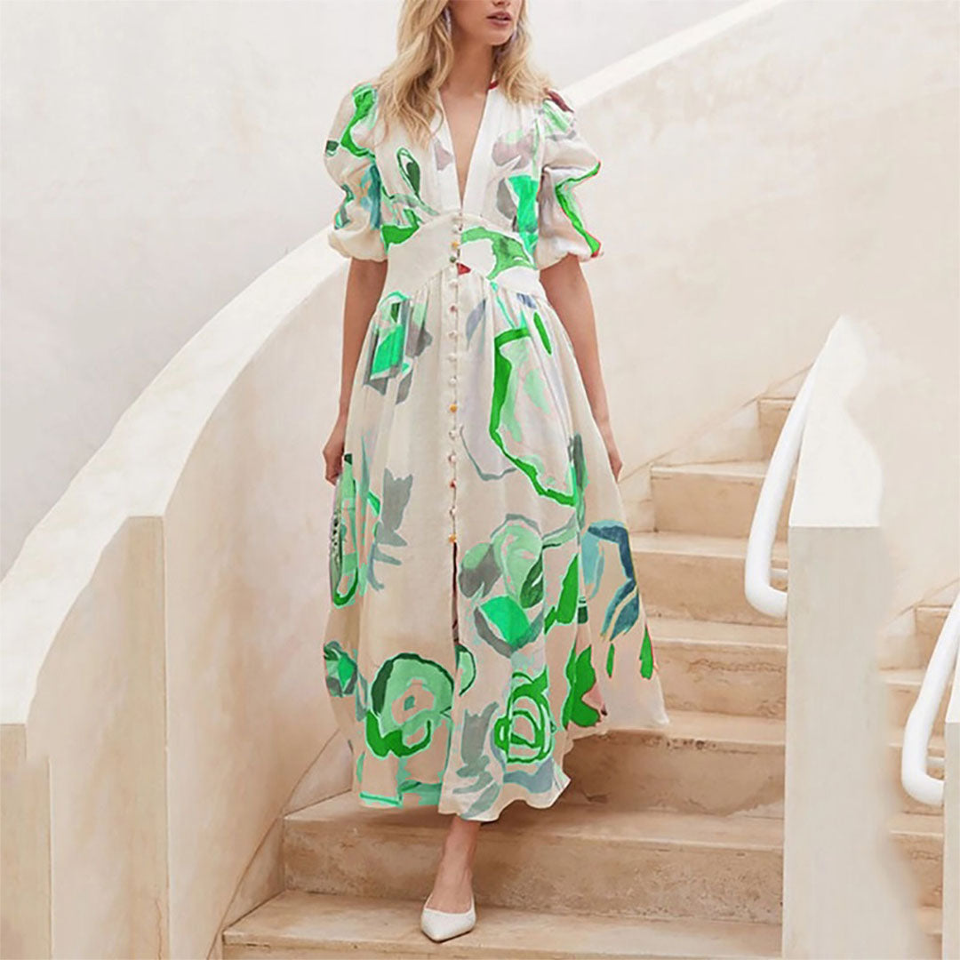 Kjole til dame - Midi A-linje - Puffermet & V-hals - Knapper & Blomstermønster