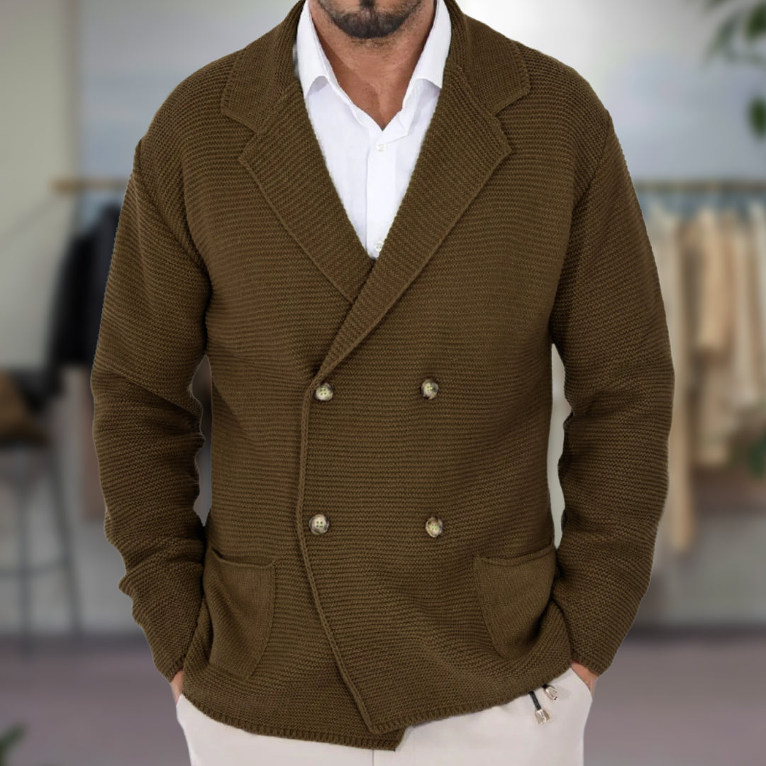 Herr Cardigan – Stickat Tyg – Regular Fit – Dubbelspränd – Kavajliknande Krage