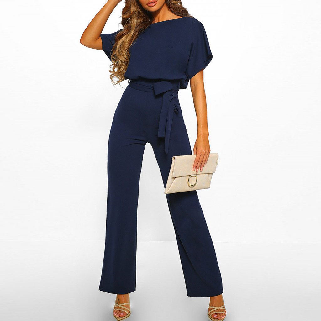 Dame Jumpsuit - Elegant Design - Vide Ben - Knytebelte - Kort Flutter Ermer