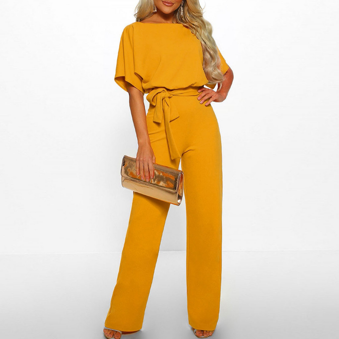 Dame Jumpsuit - Elegant Design - Vide Ben - Knytebelte - Kort Flutter Ermer