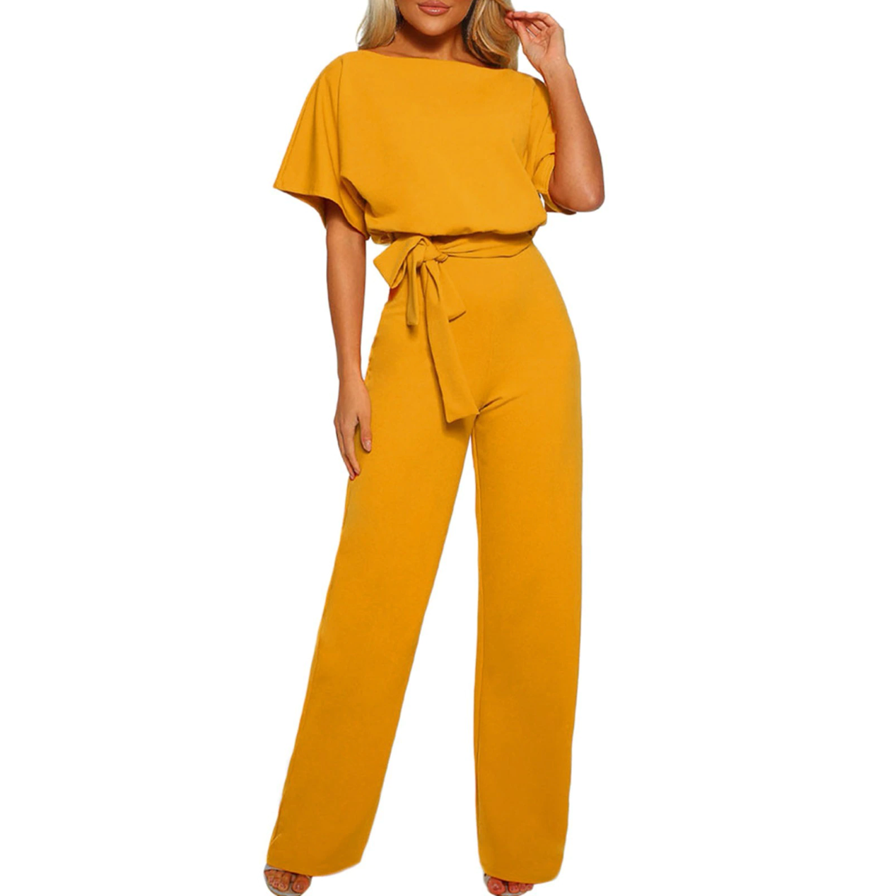 Dame Jumpsuit - Elegant Design - Vide Ben - Knytebelte - Kort Flutter Ermer
