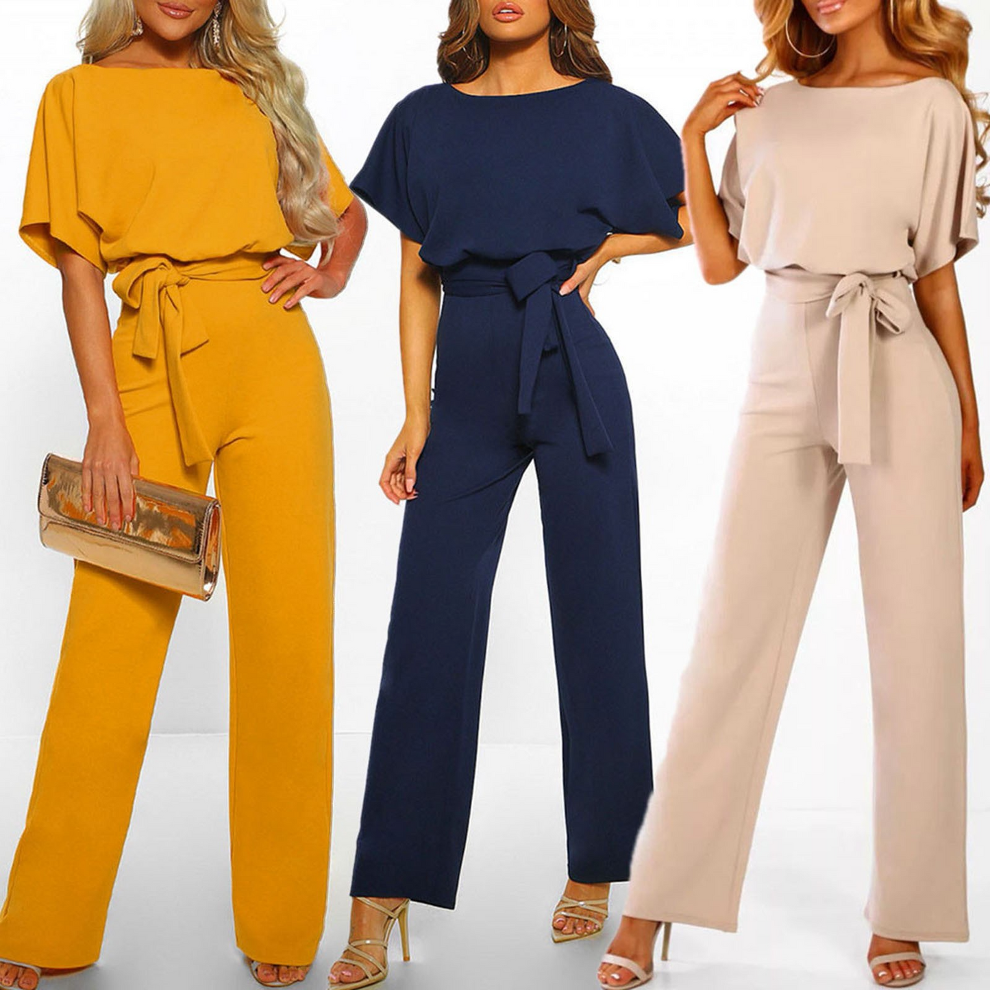 Dame Jumpsuit - Elegant Design - Vide Ben - Knytebelte - Kort Flutter Ermer
