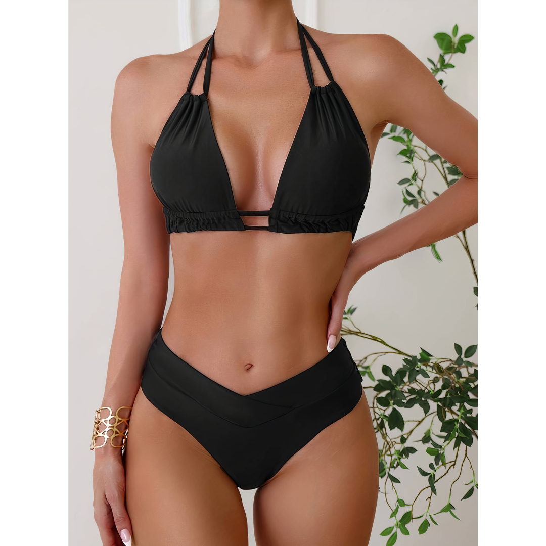 Dam Bikini Set – Halterneck Topp – Hög Midja V-Snitt – Andningsbart Stretchtyg