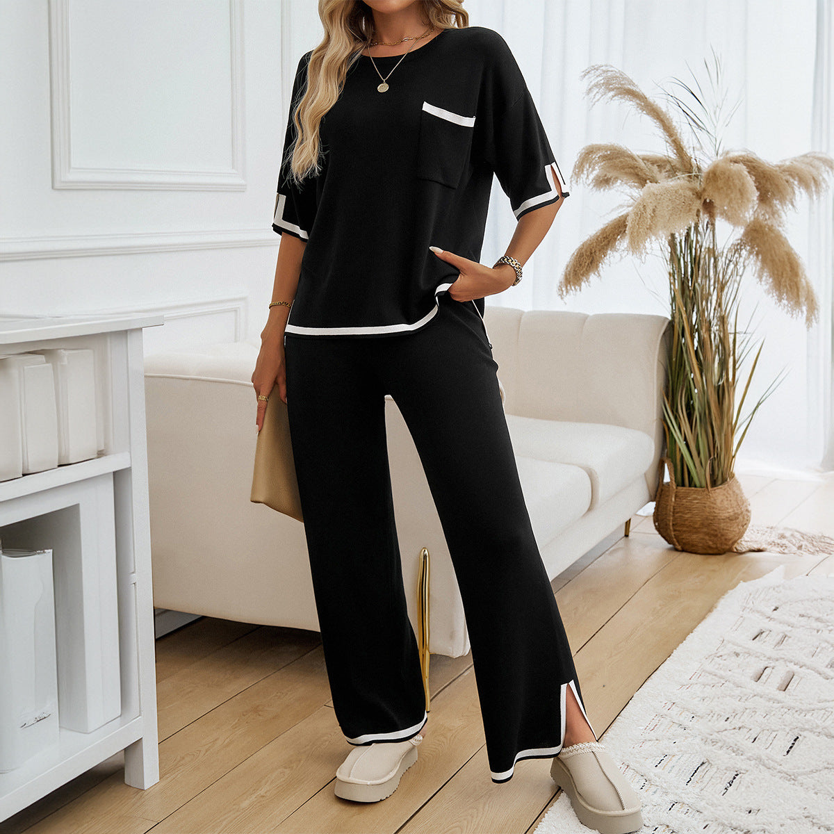 Dam Lounge Set – Stickat Tyg – Avslappnad Passform – Vida Byxor – Kontrastkant
