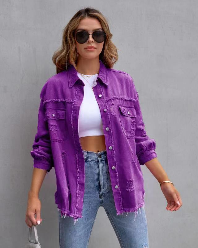 Dam Denimjacka – Oversized Passform – Medellängd – Sliten och Fransig Design